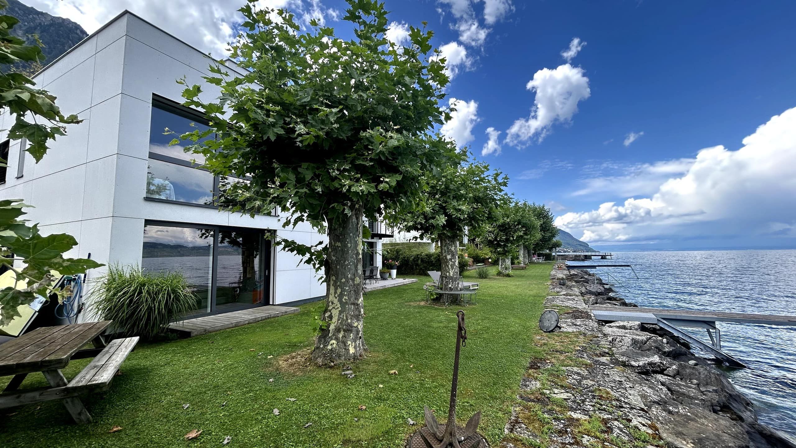 The house, plane trees and garden on the lakeshore